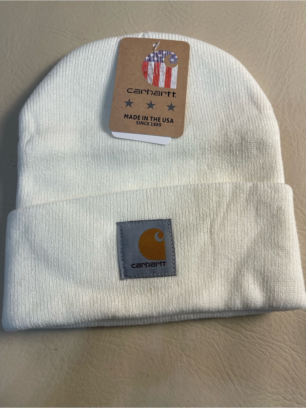 Carhartt Cream Knit Cuffed Beanie with Logo Tag